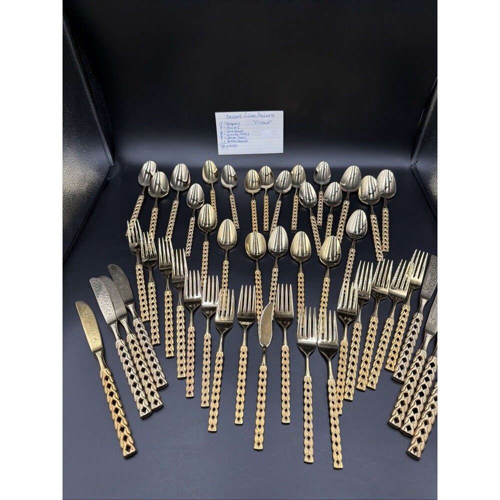 Orleans Gold Silver Stainless “Ficelle” Flatware Stainless 48 Piece. Japan.  GUC